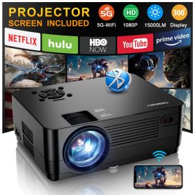 5G WiFi Bluetooth Native 1080P Projector[Projector Screen and Bag Included], 15000LM Full HD Movie Projector, 300" Display Support 4k Home Theater,Com