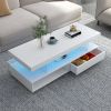 U-Can LED Coffee Table with Storage, Modern Center Table with 2 Drawers and Display Shelves, Accent Furniture with LED Lights for Living Room,White