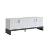 Side Credenza with 4 Doors, Storage Cabinets, 60" TV Stand- White & Distressed Grey