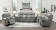 Gray 1pc Double Reclining Sofa w/ Drop Down Cup Holders, Power Outlets USB Ports Hidden Drawer Faux Leather Upholstery Comfortable Sofa Living Room Fu