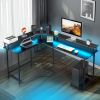 Black pockmarked particle board with triamine coating L-shaped with upper shelf 170*120*75cm computer desk with RGB light + 2 USB interfaces + 2 three